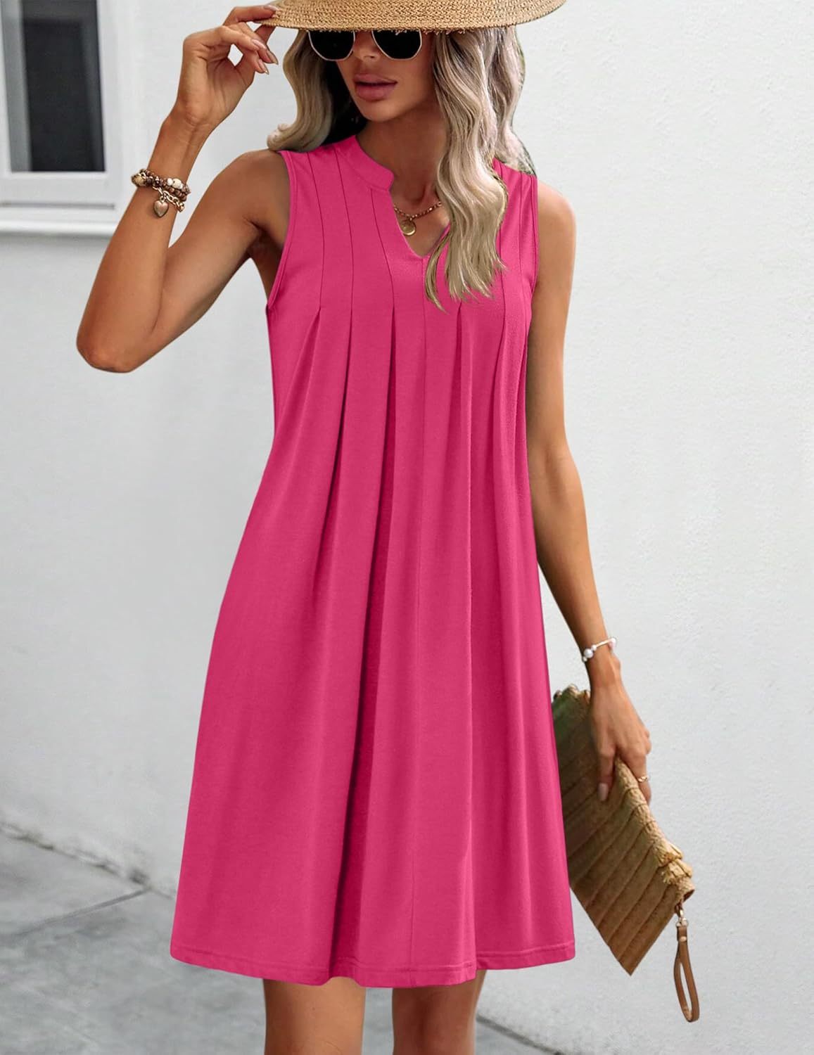 Women Casual A-Line Dress with Pockets 2025 Sleeveless V Neck Pleated Sundress Loose T-Shirt Work Office Dresses