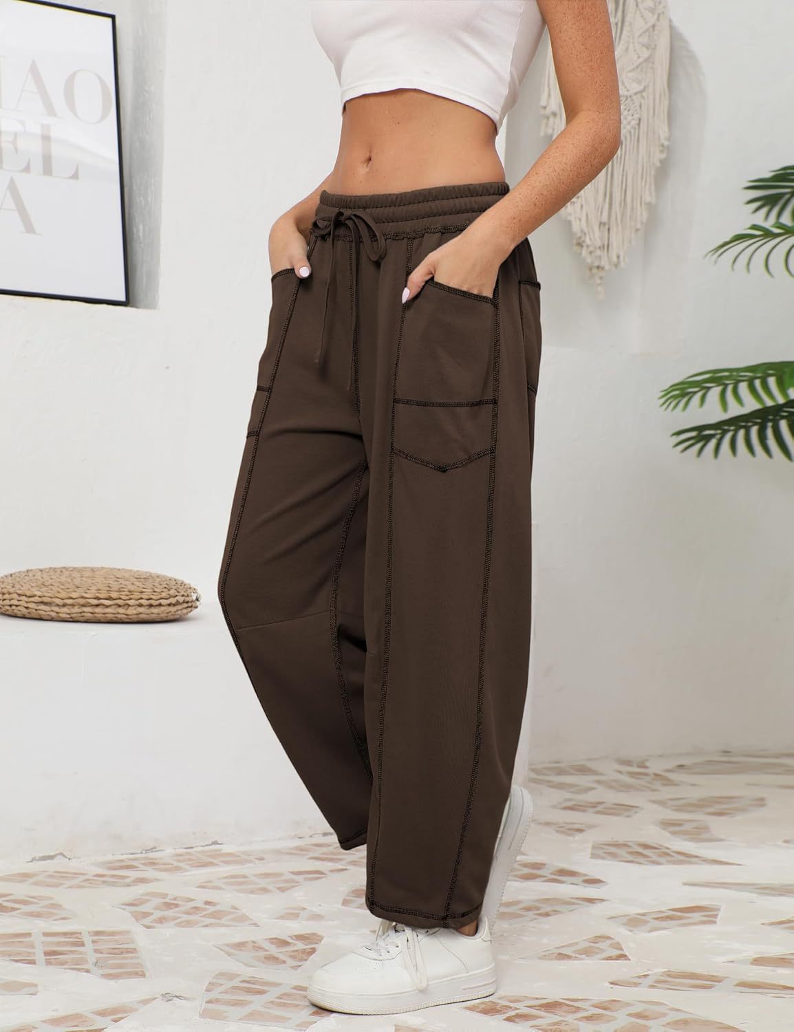 Womens Baggy Barrel Pants Wide Leg Lounge Drawstring Sweatpants with Pockets