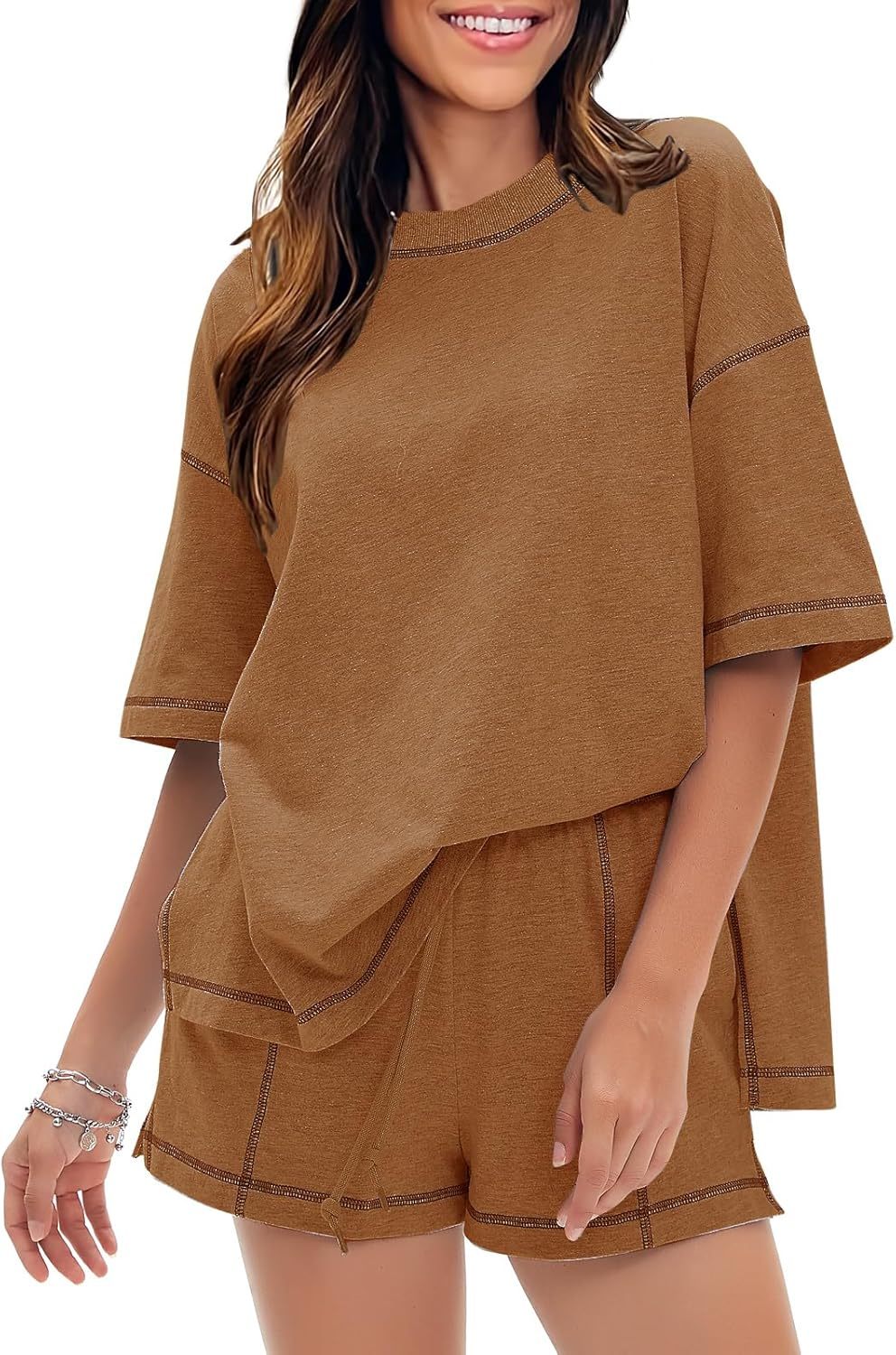 EXLURA Women's Casual Summer 2 Piece Sets 100% Cotton Short Sleeve Tshirt and Shorts Matching Sweatsuits Lounge Set 2026