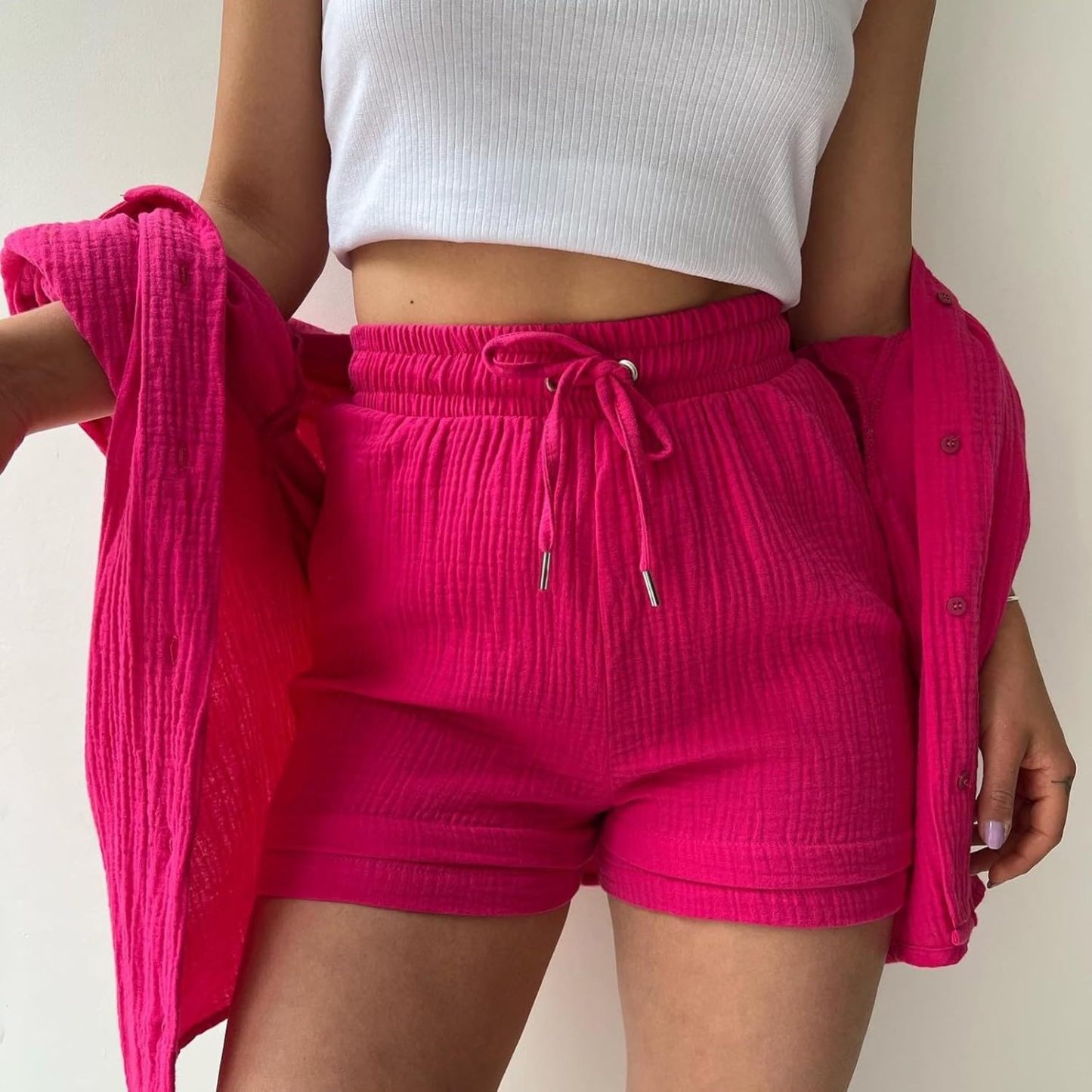 Two Piece Women's Elegant Summer Muslin Blouse Shirt and Shorts Clothes Aesthetic Two Piece Lounge Set Beach Outfit Set Two Piece Set Women Fashion Lightweight Outfits Clothing 2-Piece Set Y2k Clothes