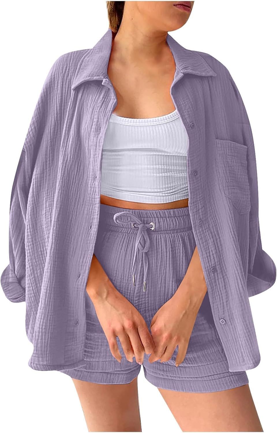 Two Piece Women's Elegant Summer Muslin Blouse Shirt and Shorts Clothes Aesthetic Two Piece Lounge Set Beach Outfit Set Two Piece Set Women Fashion Lightweight Outfits Clothing 2-Piece Set Y2k Clothes