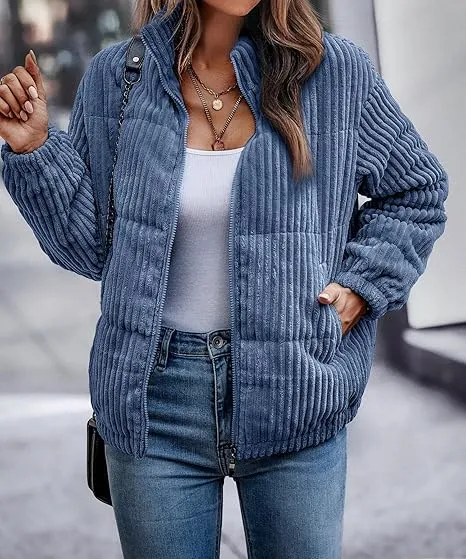 Women's Bomber Jacket Corduroy Ribbed Quilted Zip Up Long Sleeve Winter Coat Fall Outerwear Tops with Pockets ,PACKAGE SET