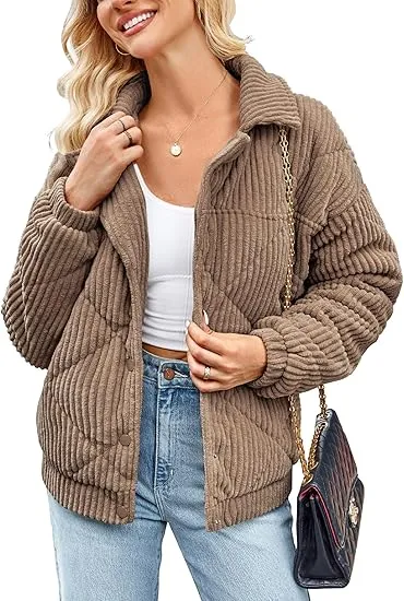 Women's Bomber Jacket Corduroy Ribbed Quilted Zip Up Long Sleeve Winter Coat Fall Outerwear Tops with Pockets ,PACKAGE SET