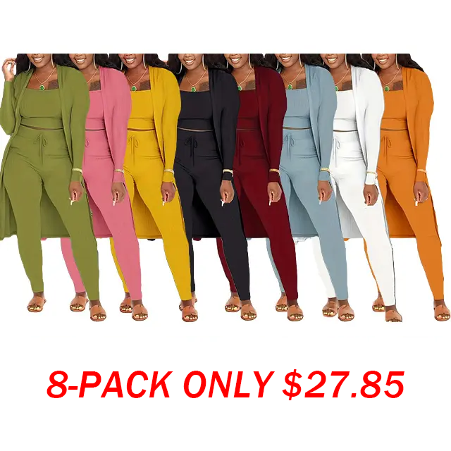 Women 3 Piece Wide Leg Pants Set Casual Long Sleeve Jacket Cardigan Wi