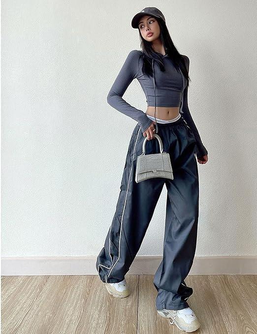 Ommig Women's Parachute Wideleg Pants Baggy Y2K Elastic Waist Wide Leg Track Pants Trousers Casual
