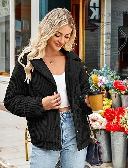 Women's Bomber Jacket Corduroy Ribbed Quilted Zip Up Long Sleeve Winter Coat Fall Outerwear Tops with Pockets ,PACKAGE SET