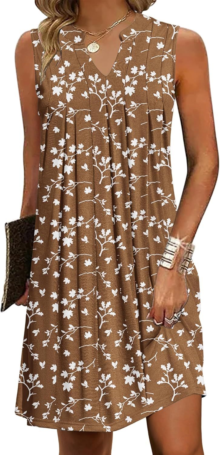 Women Casual A-Line Dress with Pockets 2025 Sleeveless V Neck Pleated Sundress Loose T-Shirt Work Office Dresses