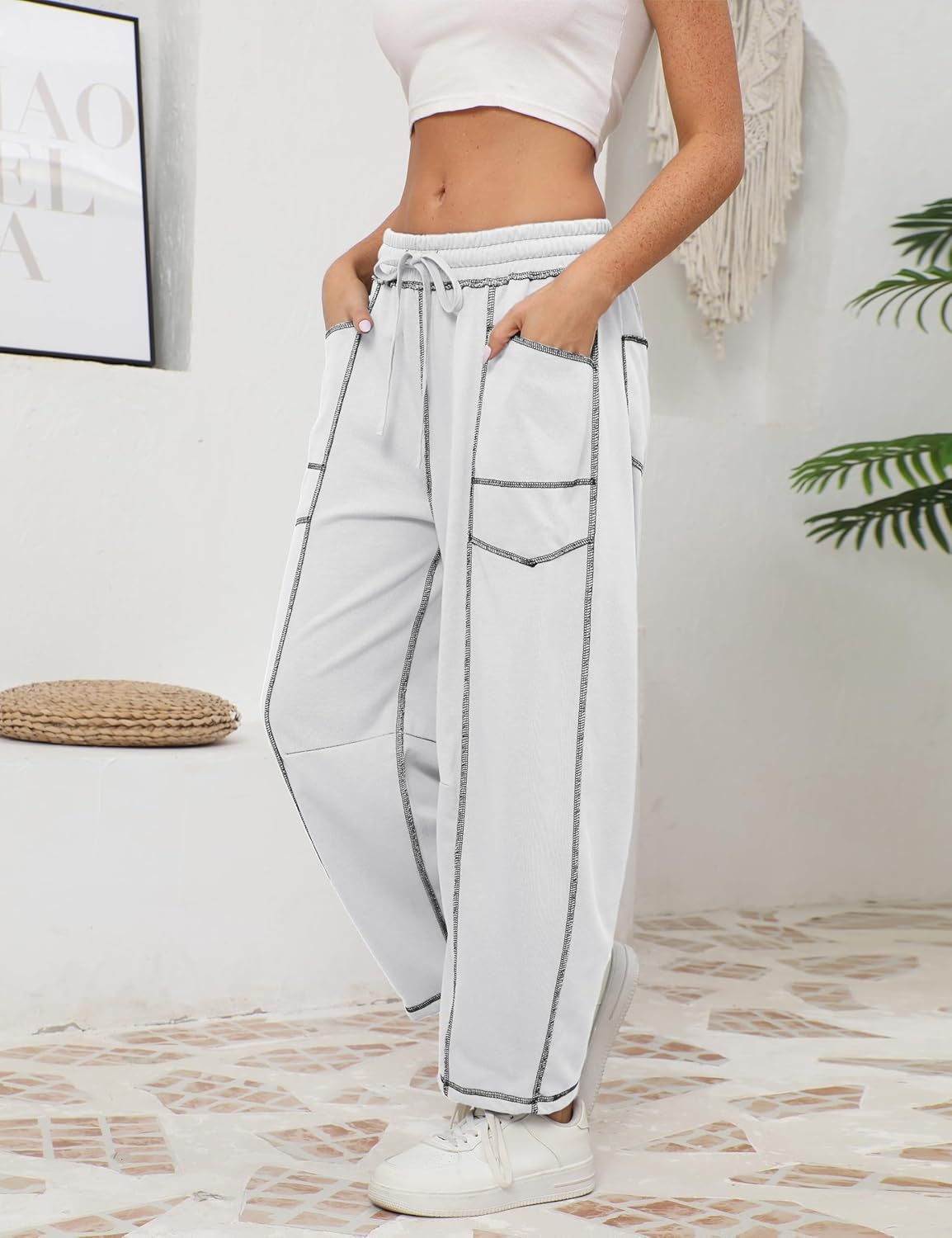 Womens Baggy Barrel Pants Wide Leg Lounge Drawstring Sweatpants with Pockets