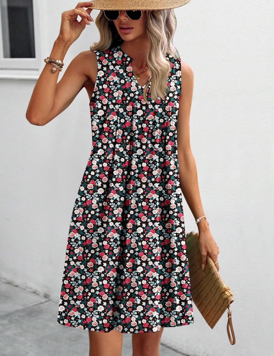 Women Casual A-Line Dress with Pockets 2025 Sleeveless V Neck Pleated Sundress Loose T-Shirt Work Office Dresses