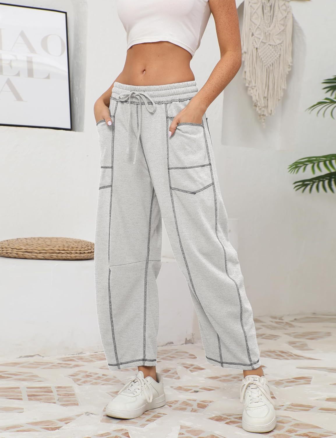 Womens Baggy Barrel Pants Wide Leg Lounge Drawstring Sweatpants with Pockets
