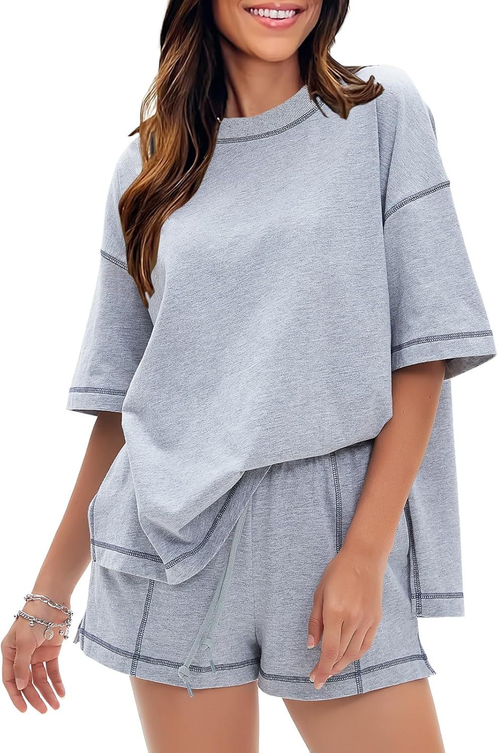 EXLURA Women's Casual Summer 2 Piece Sets 100% Cotton Short Sleeve Tshirt and Shorts Matching Sweatsuits Lounge Set 2026