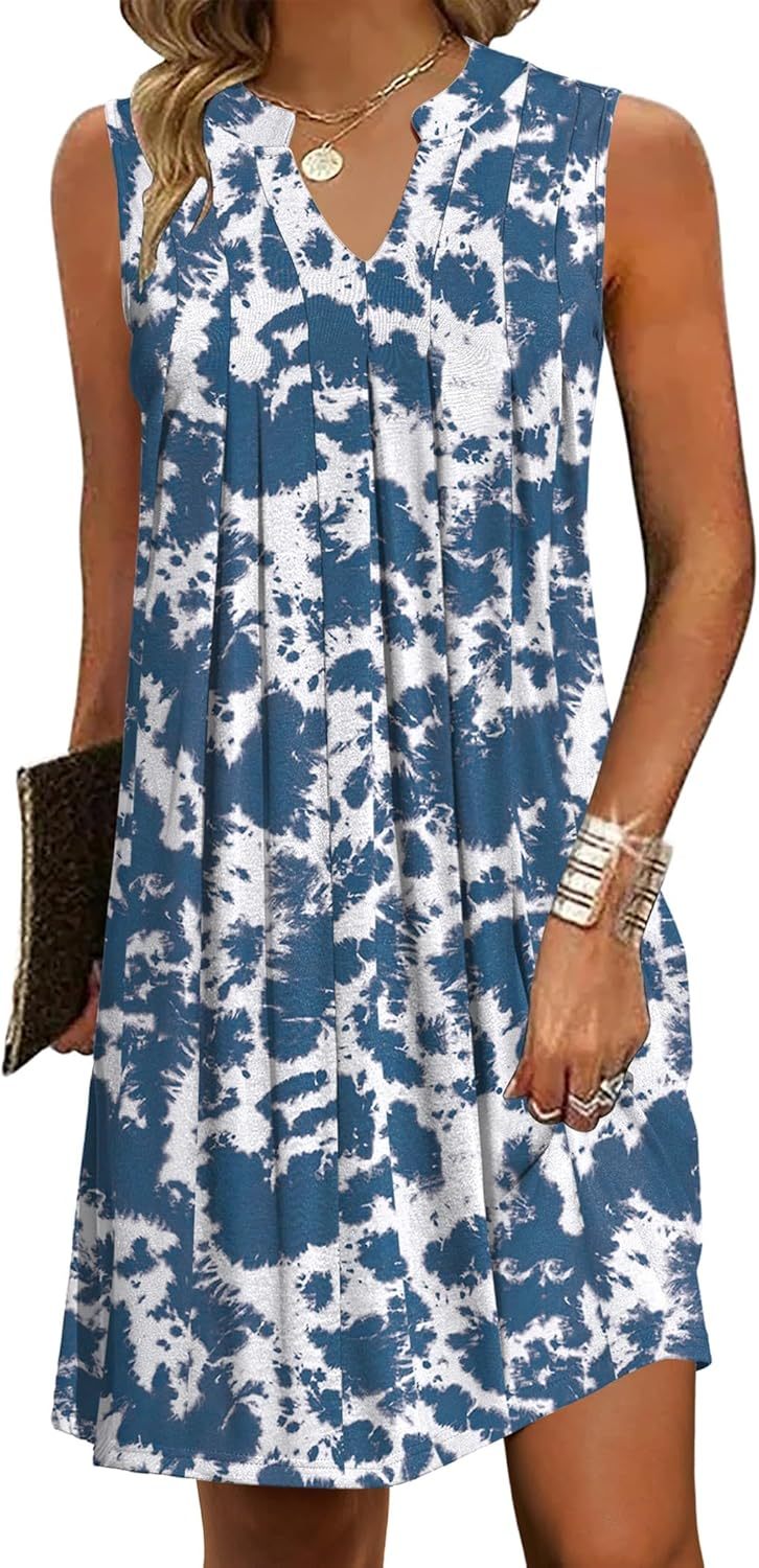 Women Casual A-Line Dress with Pockets 2025 Sleeveless V Neck Pleated Sundress Loose T-Shirt Work Office Dresses