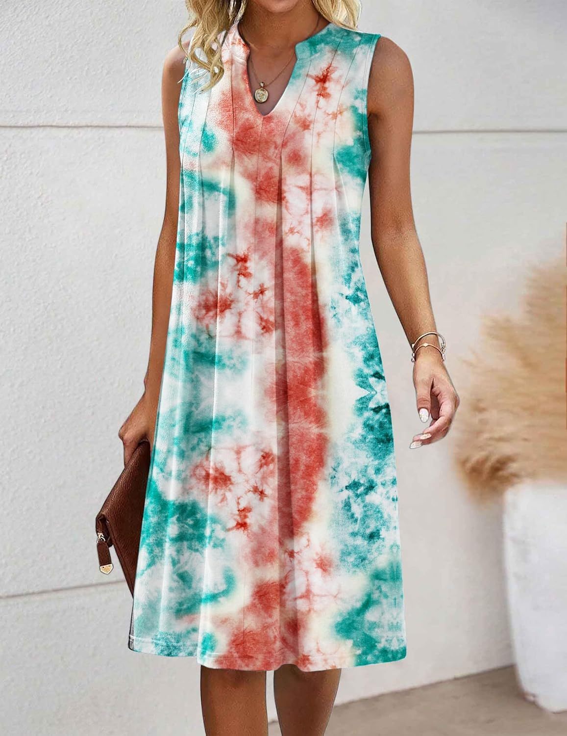 Women Casual A-Line Dress with Pockets 2025 Sleeveless V Neck Pleated Sundress Loose T-Shirt Work Office Dresses