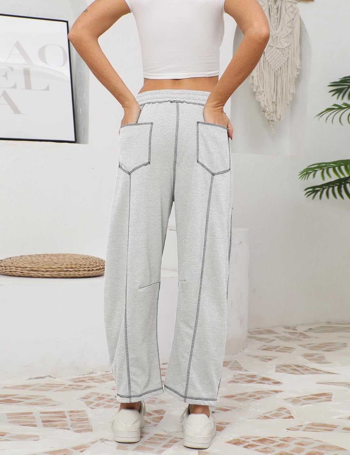 Womens Baggy Barrel Pants Wide Leg Lounge Drawstring Sweatpants with Pockets
