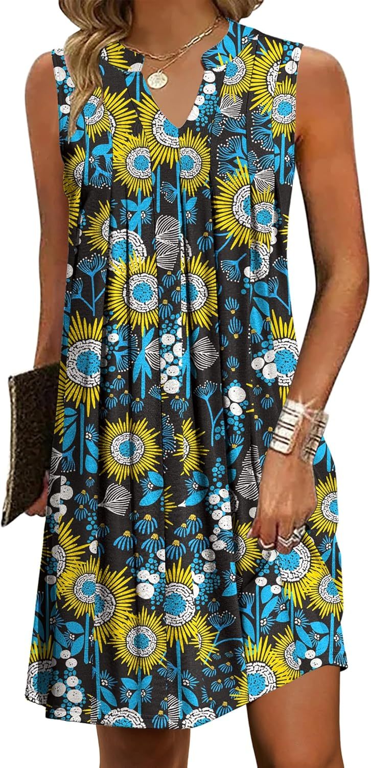 Women Casual A-Line Dress with Pockets 2025 Sleeveless V Neck Pleated Sundress Loose T-Shirt Work Office Dresses