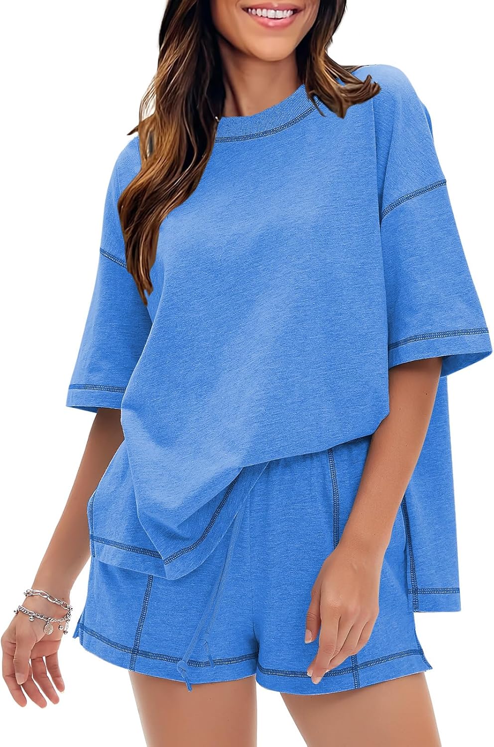 EXLURA Women's Casual Summer 2 Piece Sets 100% Cotton Short Sleeve Tshirt and Shorts Matching Sweatsuits Lounge Set 2026