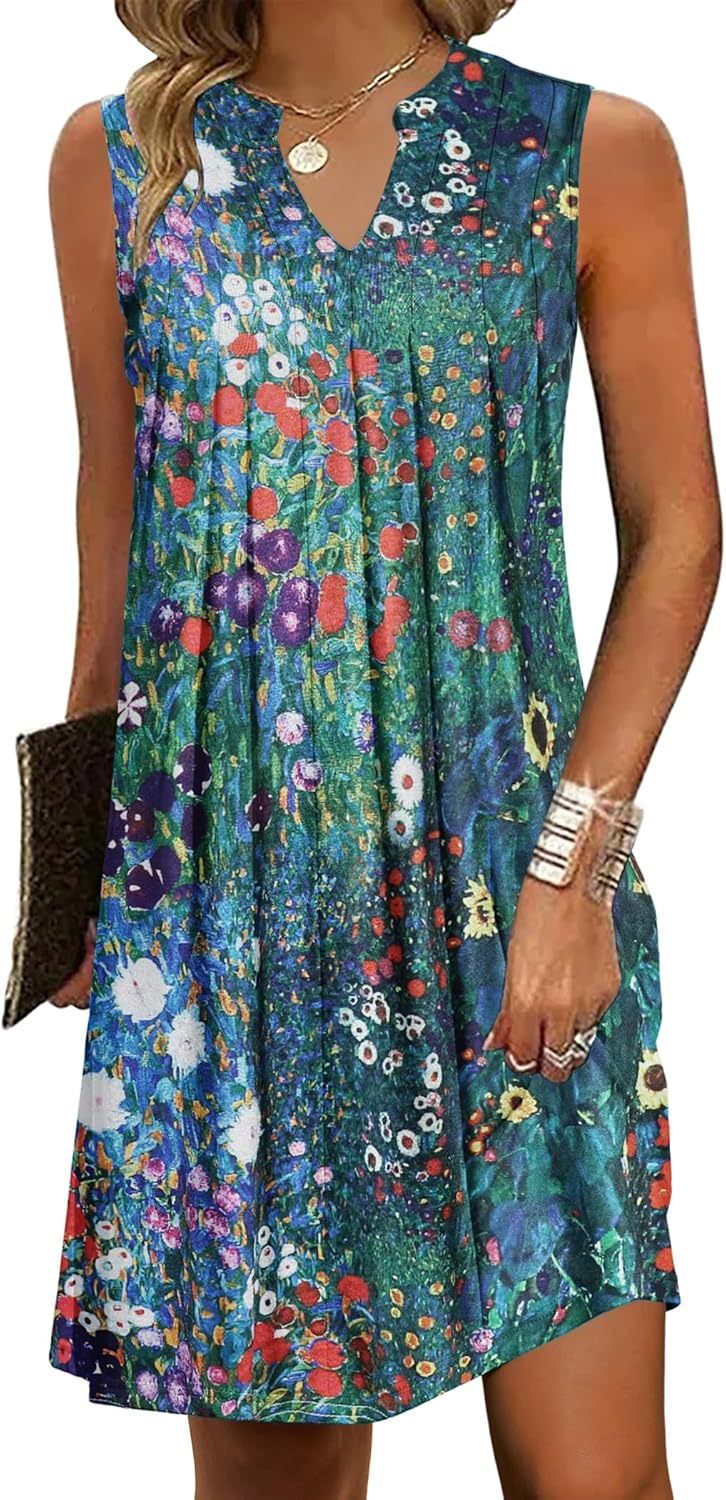 Women Casual A-Line Dress with Pockets 2025 Sleeveless V Neck Pleated Sundress Loose T-Shirt Work Office Dresses