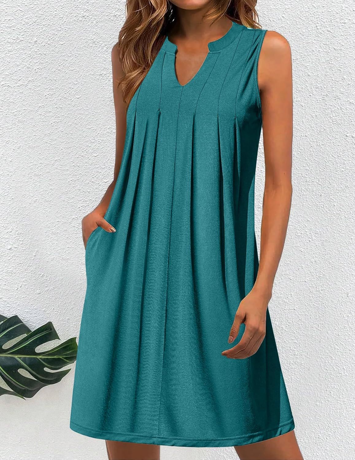 Women Casual A-Line Dress with Pockets 2025 Sleeveless V Neck Pleated Sundress Loose T-Shirt Work Office Dresses
