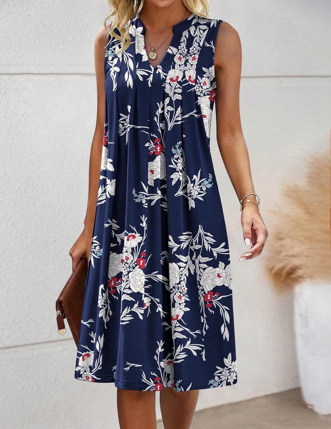 Women Casual A-Line Dress with Pockets 2025 Sleeveless V Neck Pleated Sundress Loose T-Shirt Work Office Dresses