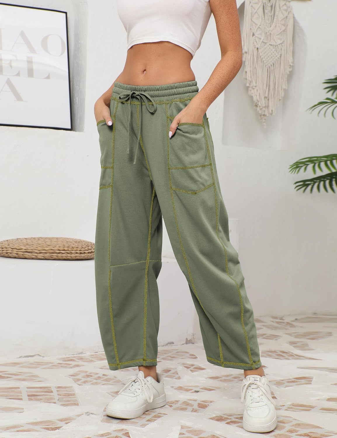 Womens Baggy Barrel Pants Wide Leg Lounge Drawstring Sweatpants with Pockets