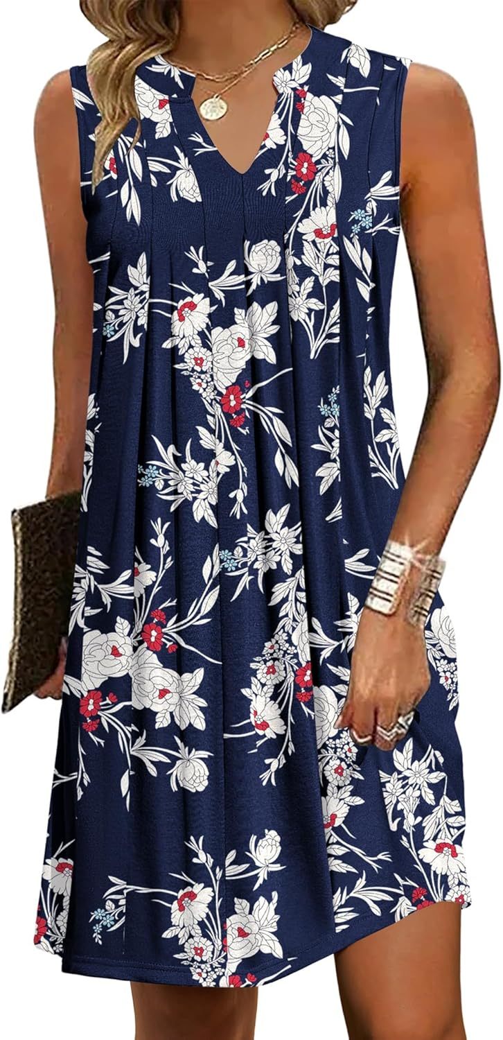 Women Casual A-Line Dress with Pockets 2025 Sleeveless V Neck Pleated Sundress Loose T-Shirt Work Office Dresses