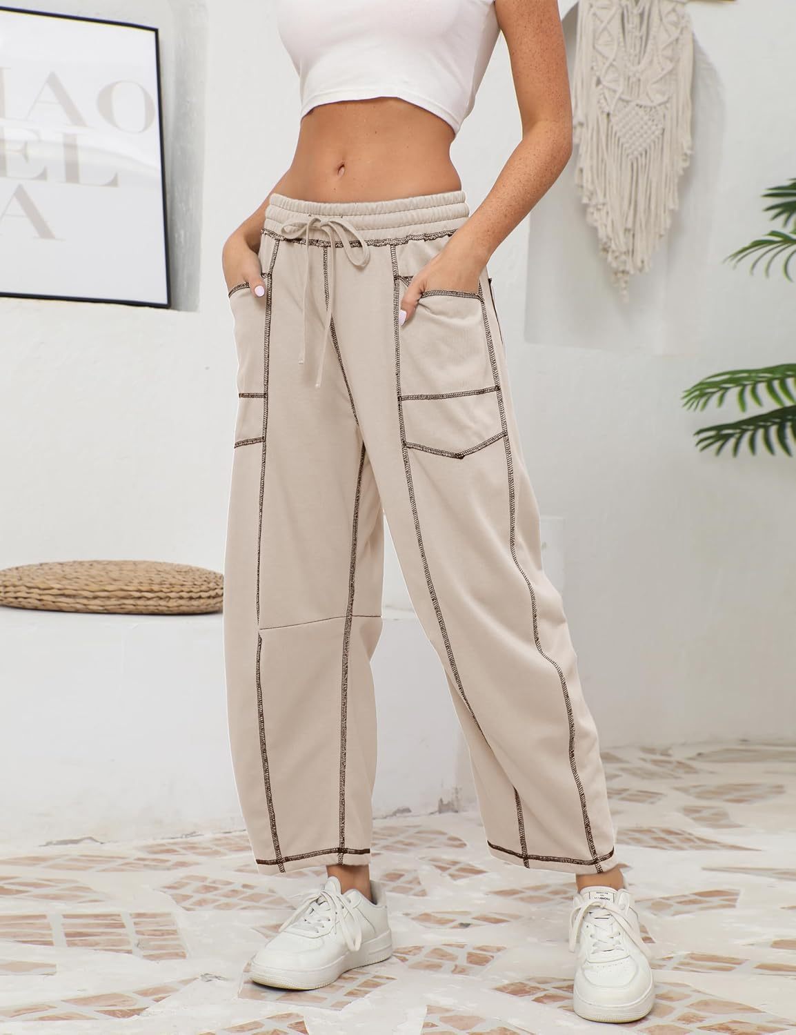 Womens Baggy Barrel Pants Wide Leg Lounge Drawstring Sweatpants with Pockets