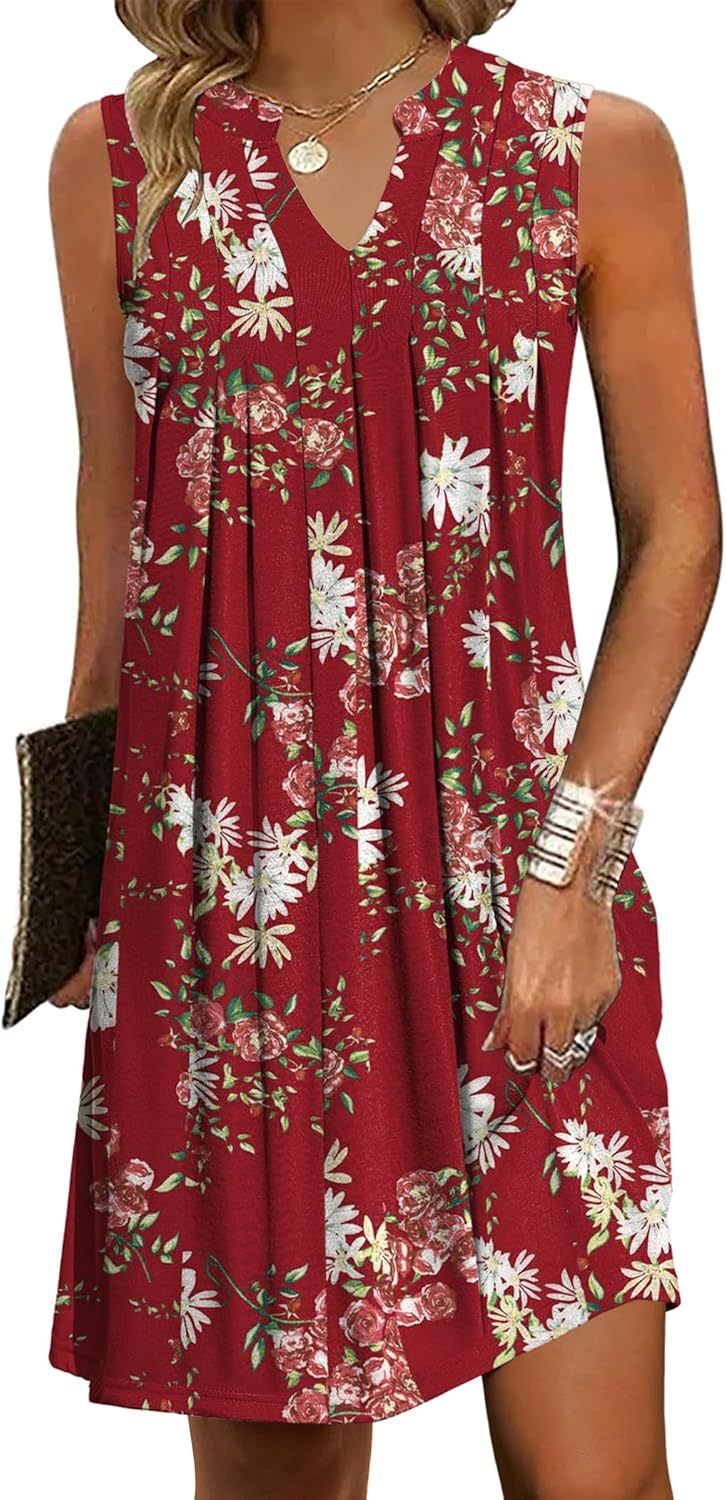 Women Casual A-Line Dress with Pockets 2025 Sleeveless V Neck Pleated Sundress Loose T-Shirt Work Office Dresses