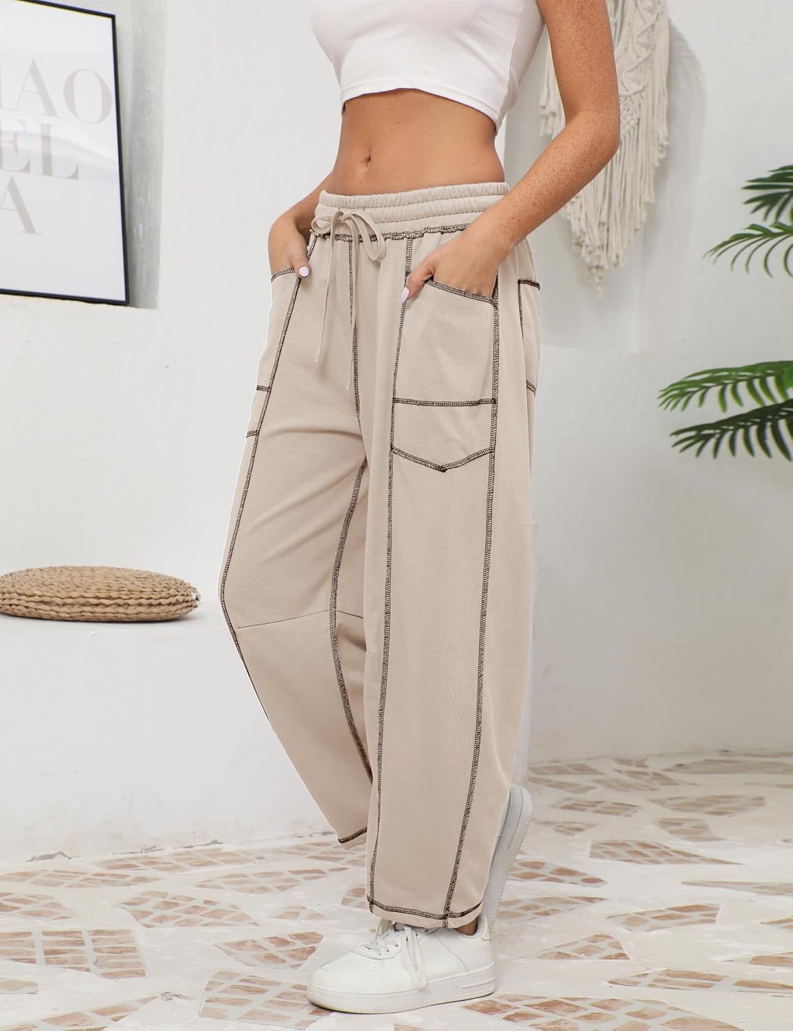 Womens Baggy Barrel Pants Wide Leg Lounge Drawstring Sweatpants with Pockets