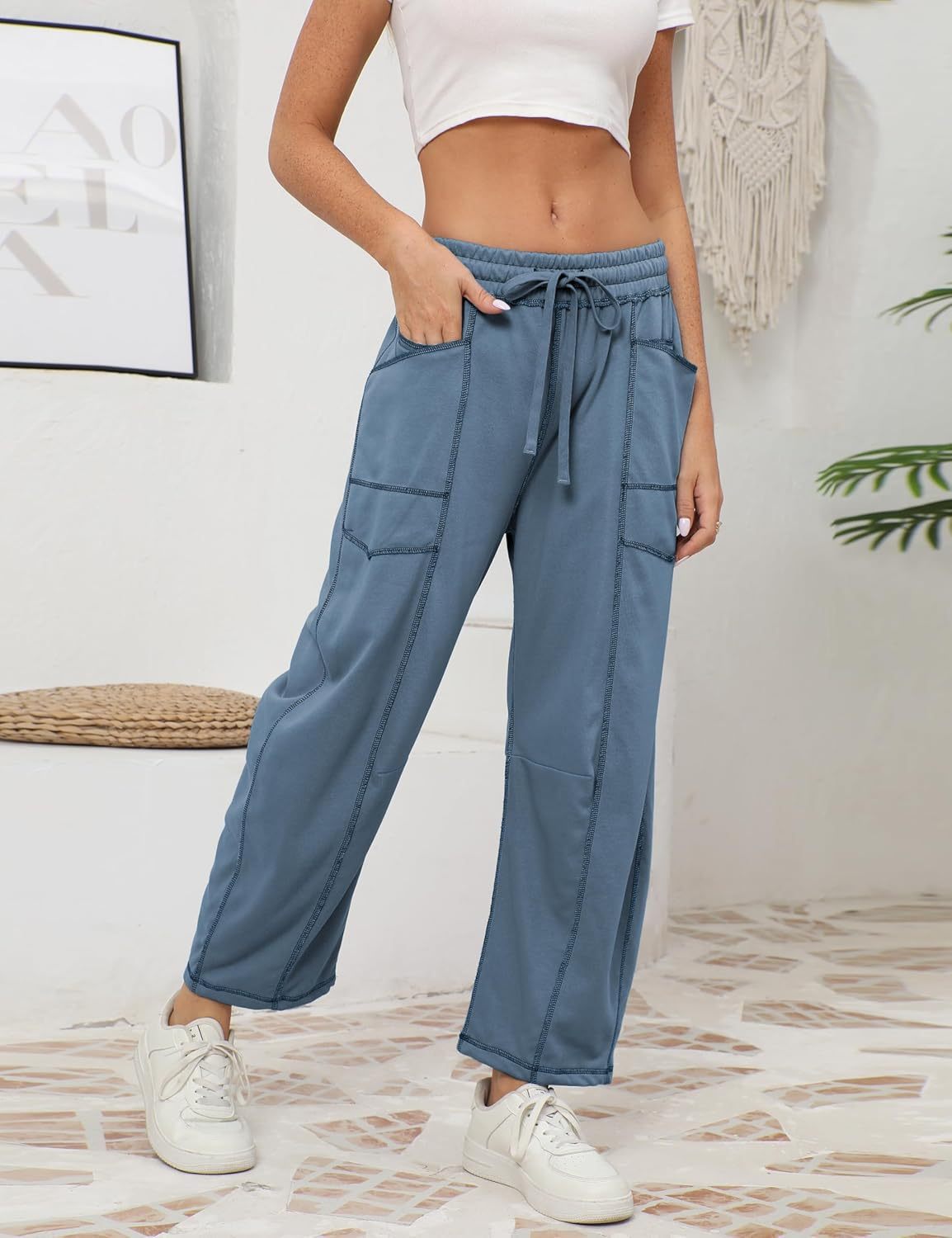 Womens Baggy Barrel Pants Wide Leg Lounge Drawstring Sweatpants with Pockets
