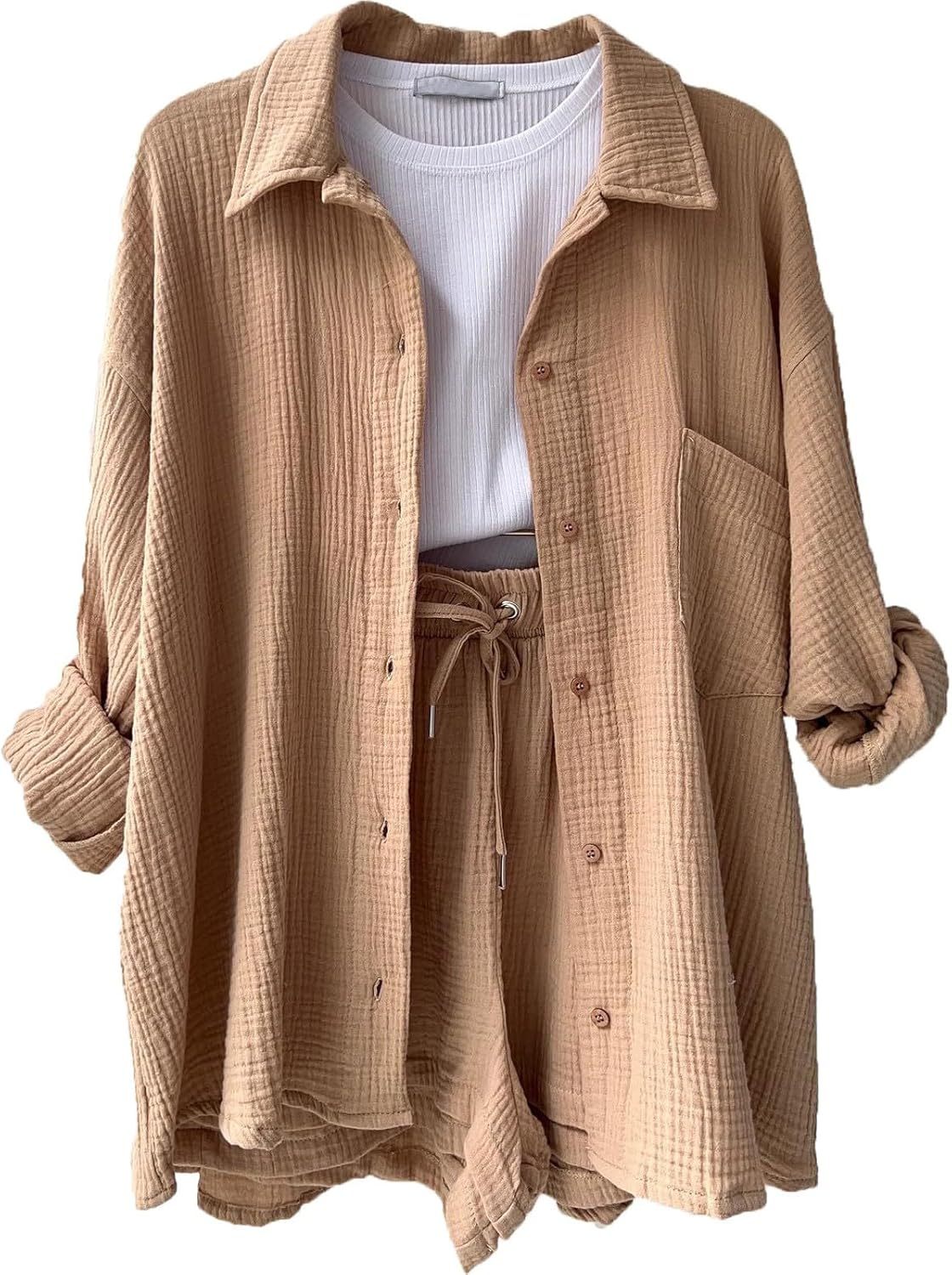 Two Piece Women's Elegant Summer Muslin Blouse Shirt and Shorts Clothes Aesthetic Two Piece Lounge Set Beach Outfit Set Two Piece Set Women Fashion Lightweight Outfits Clothing 2-Piece Set Y2k Clothes