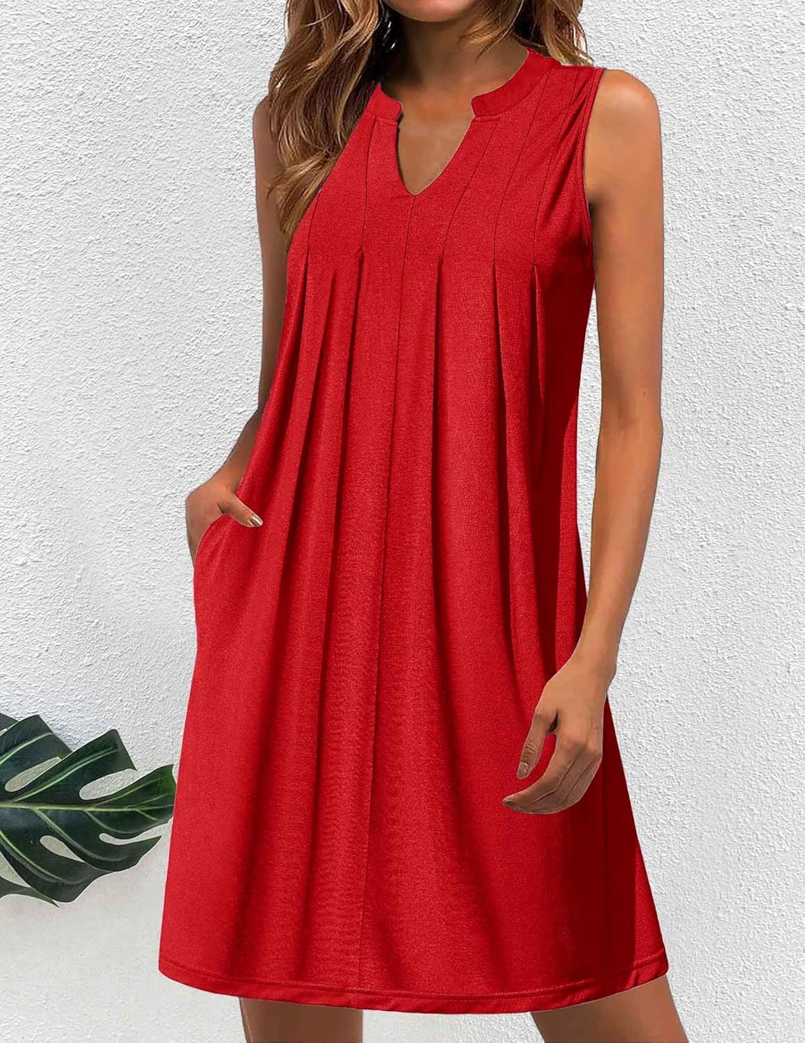 Women Casual A-Line Dress with Pockets 2025 Sleeveless V Neck Pleated Sundress Loose T-Shirt Work Office Dresses