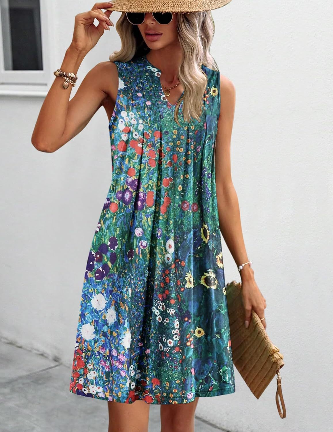 Women Casual A-Line Dress with Pockets 2025 Sleeveless V Neck Pleated Sundress Loose T-Shirt Work Office Dresses