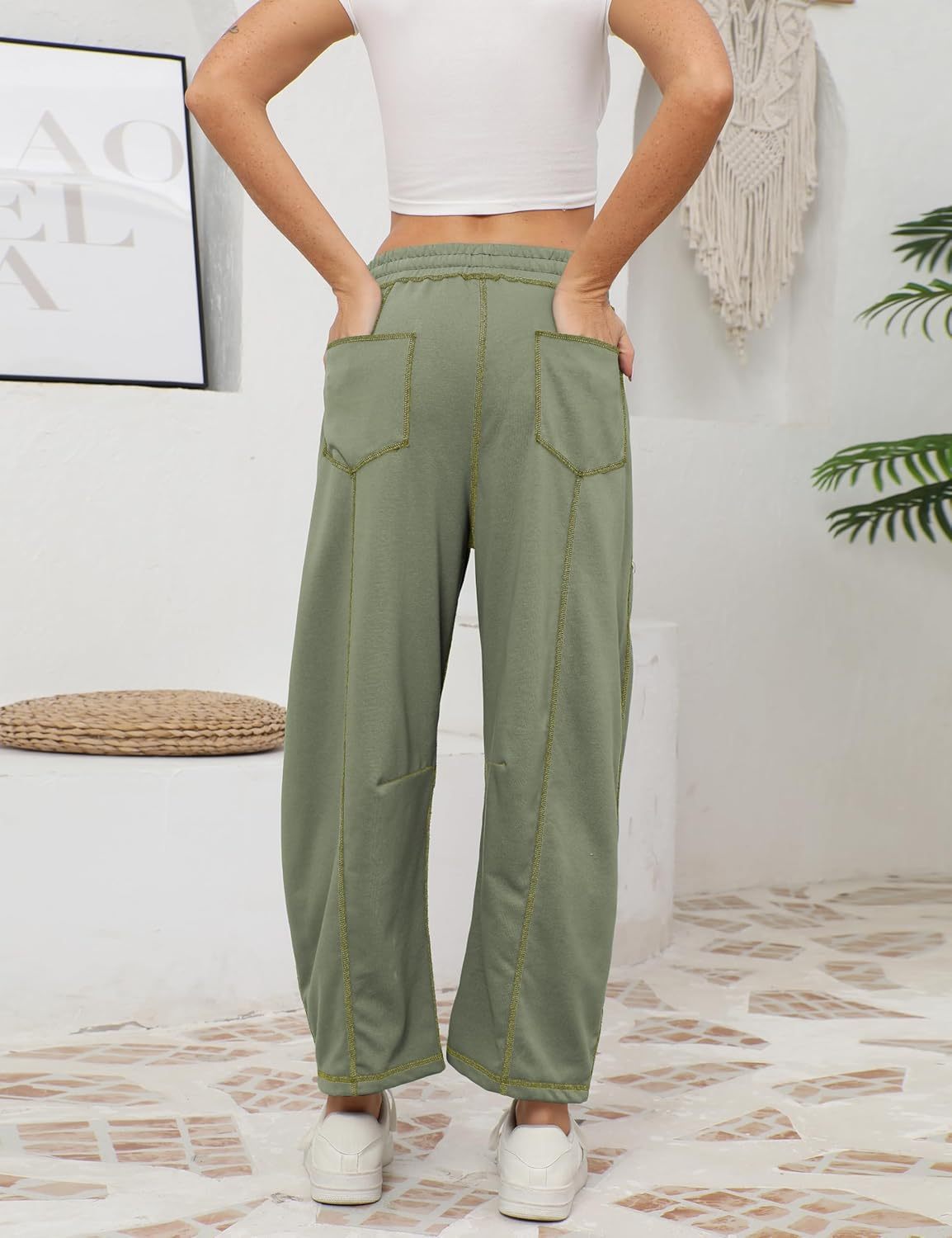 Womens Baggy Barrel Pants Wide Leg Lounge Drawstring Sweatpants with Pockets