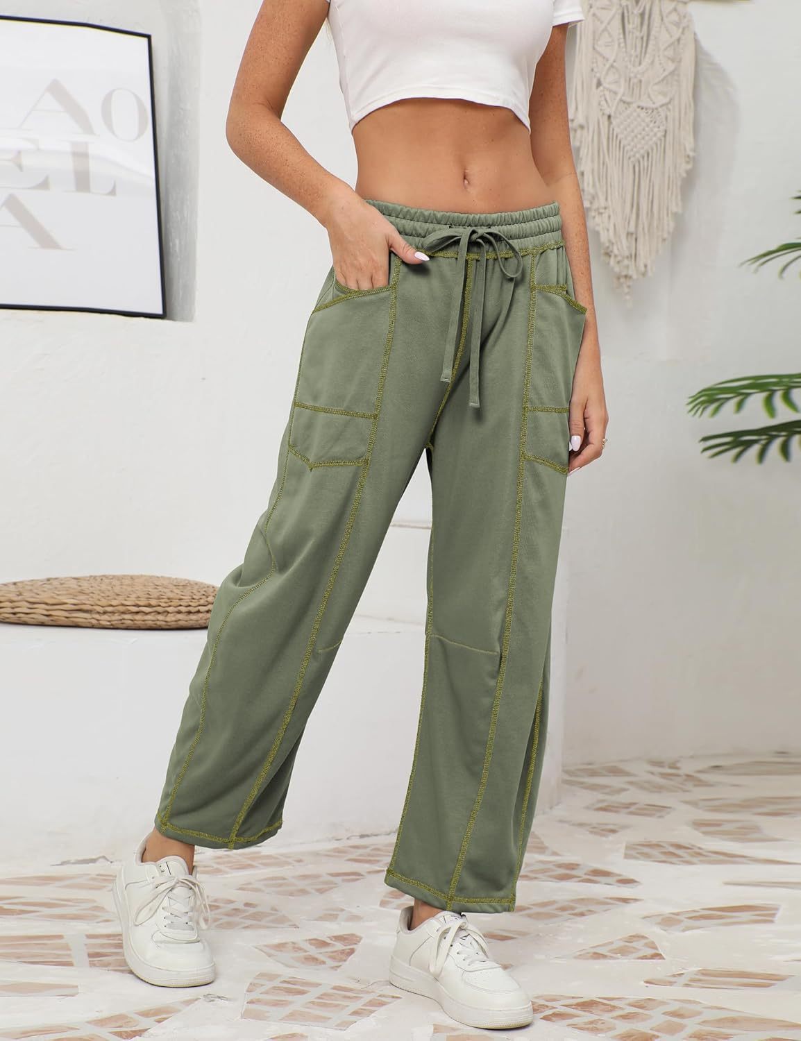 Womens Baggy Barrel Pants Wide Leg Lounge Drawstring Sweatpants with Pockets