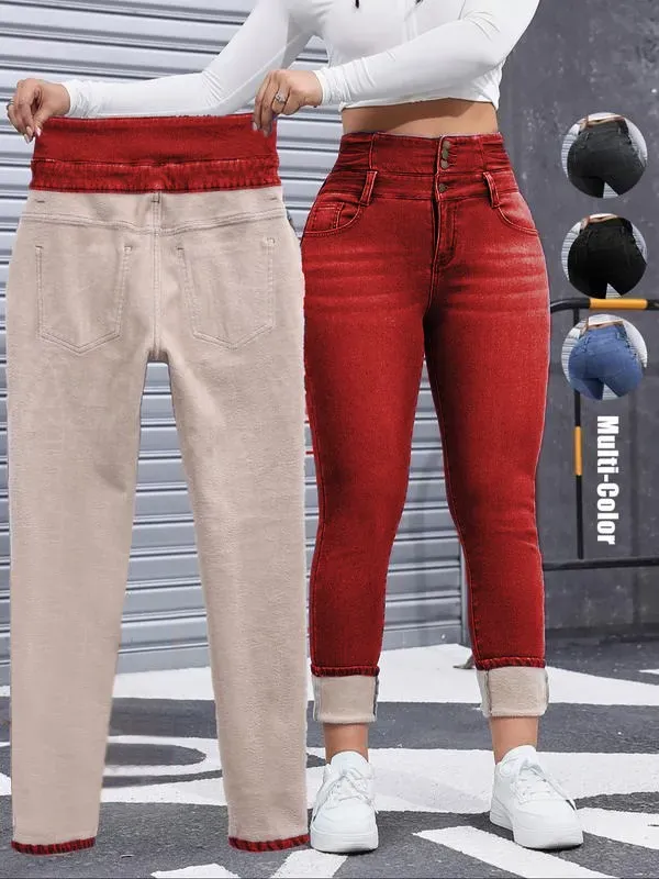 Women's High Elasticity Fleece Lined Thick Denim Jeans