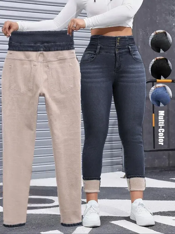 Women's High Elasticity Fleece Lined Thick Denim Jeans
