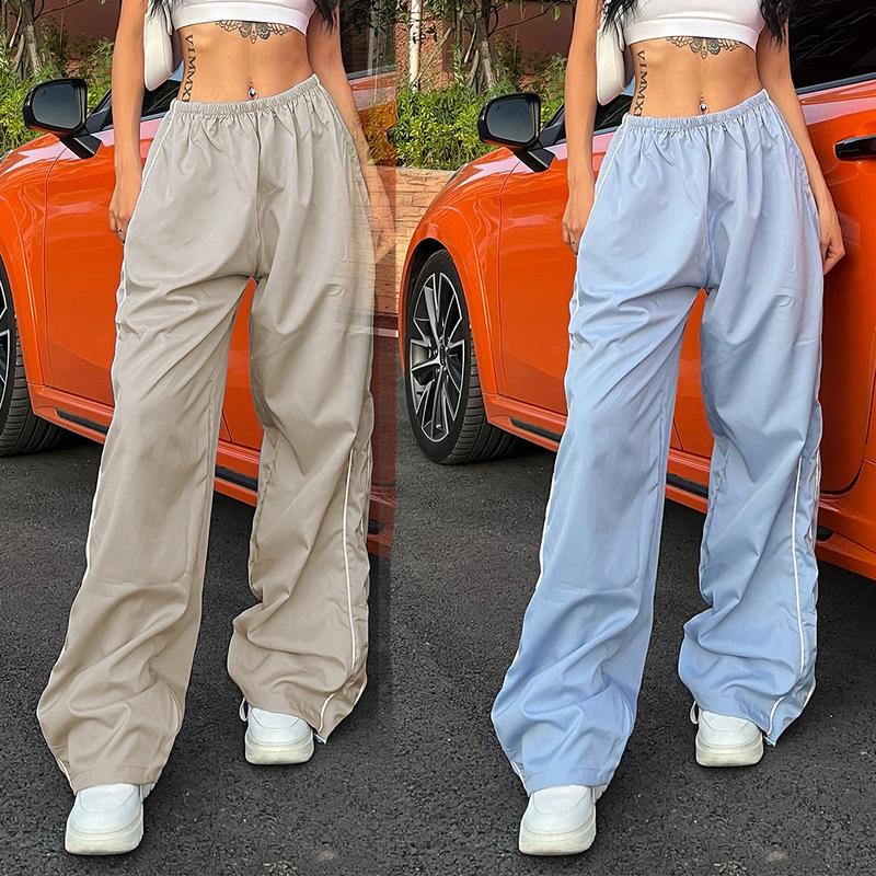 Ommig Women's Parachute Wideleg Pants Baggy Y2K Elastic Waist Wide Leg Track Pants Trousers Casual