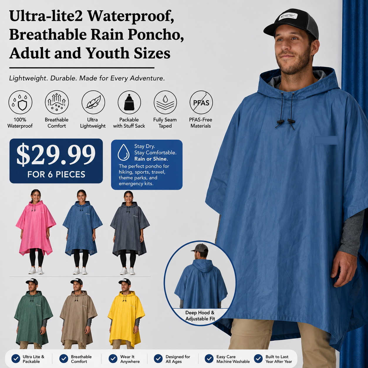 Ultra-lite2 Waterproof, Breathable Rain Poncho, Adult and Youth Sizes