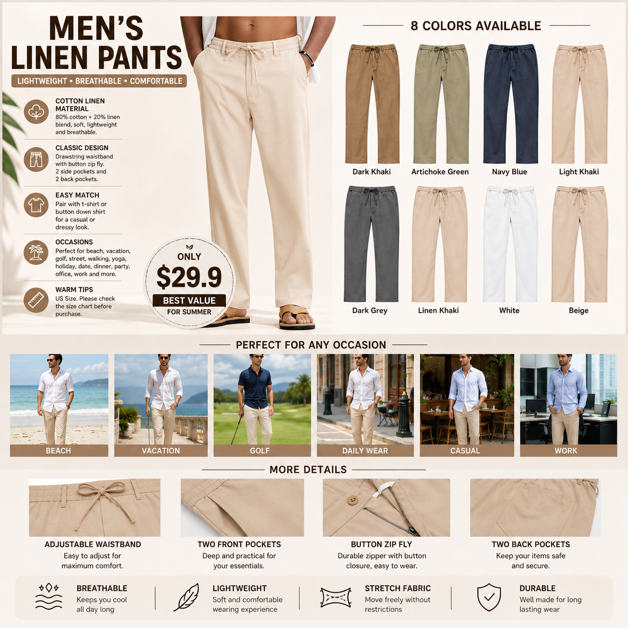 Mens Cotton Linen Pants Casual Drawstring Summer Beach Pants Lightweight Linen Dress Trousers