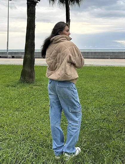 Women's Bomber Jacket Corduroy Ribbed Quilted Zip Up Long Sleeve Winter Coat Fall Outerwear Tops with Pockets ,PACKAGE SET