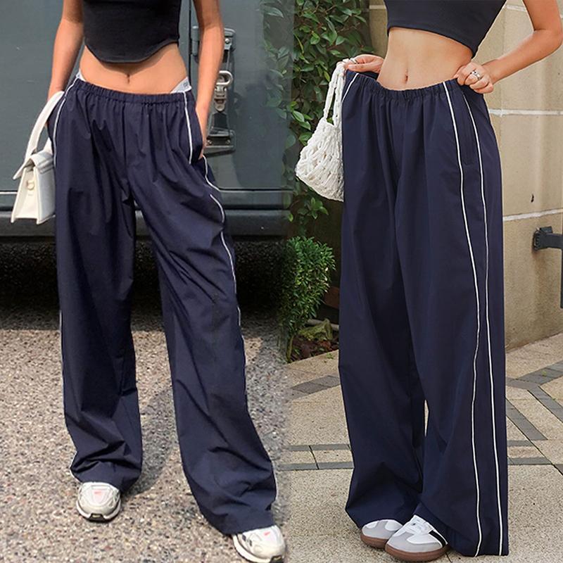 Ommig Women's Parachute Wideleg Pants Baggy Y2K Elastic Waist Wide Leg Track Pants Trousers Casual
