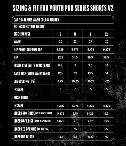 pro series youth shorts size chart