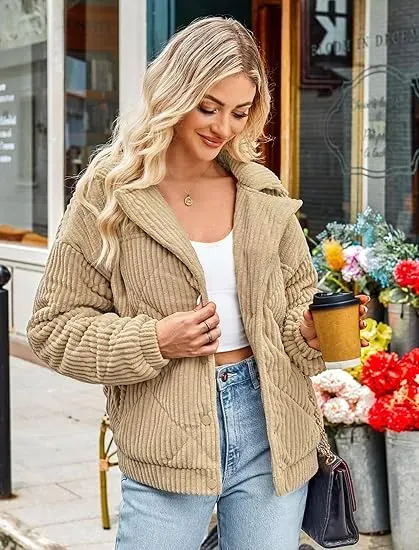 Women's Bomber Jacket Corduroy Ribbed Quilted Zip Up Long Sleeve Winter Coat Fall Outerwear Tops with Pockets ,PACKAGE SET