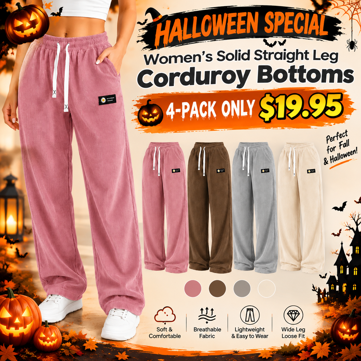 ✨Halloween SALE✨Women's Solid Straight Leg Corduroy Bottoms-100% Cotton