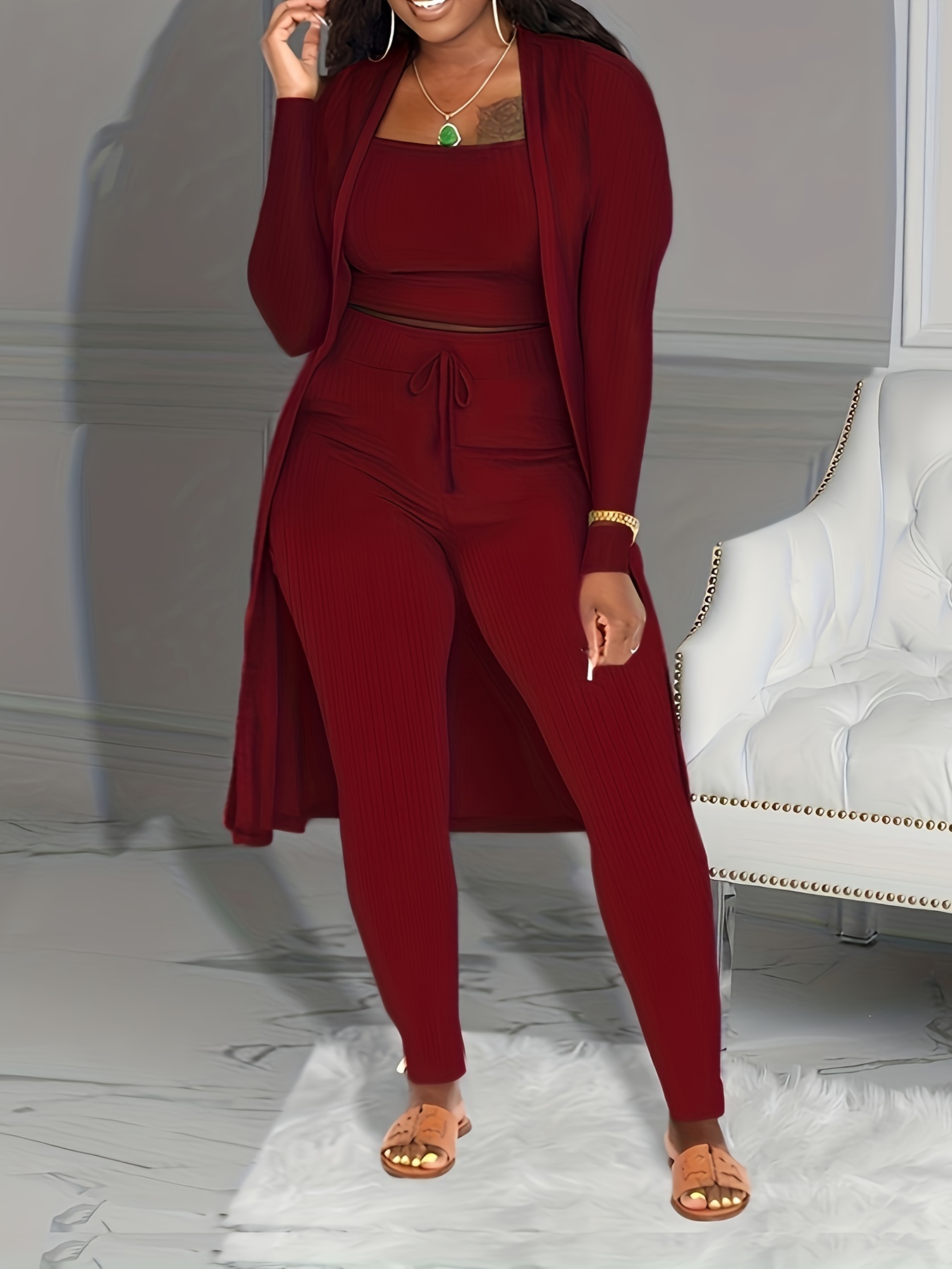 Women 3 Piece Wide Leg Pants Set Casual Long Sleeve Jacket Cardigan With Solid Tank Pants Set Dinner Suit Women