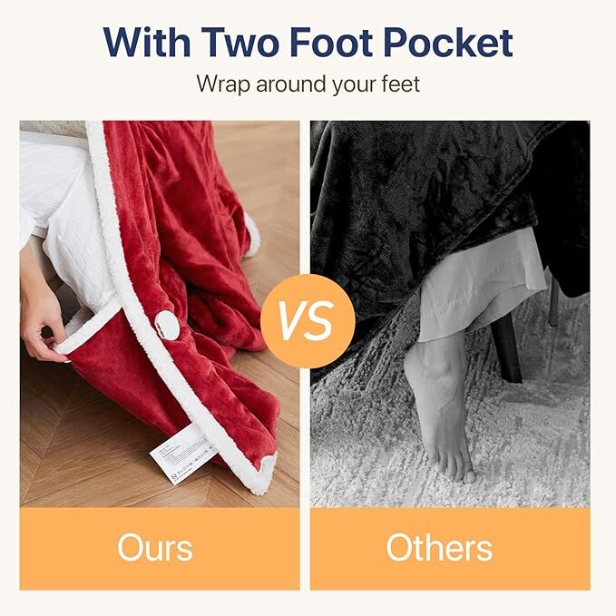 Electric Heated Wearable Blanket - Flannel & Sherpa,  6 Heating Levels & Timer, Wearable with Built-in Foot Pockets & Sleeves