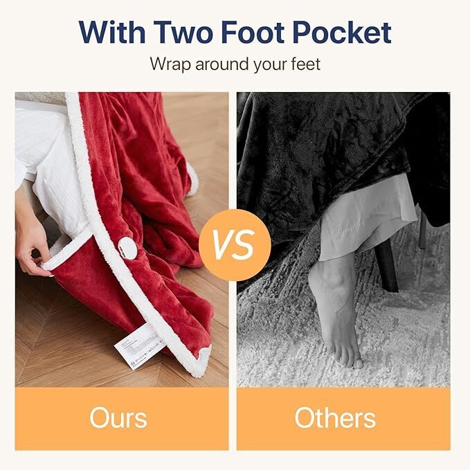Electric Heated Wearable Blanket - Flannel & Sherpa,  6 Heating Levels & Timer, Wearable with Built-in Foot Pockets & Sleeves
