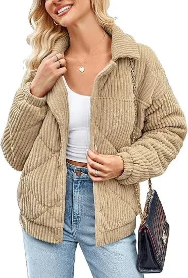 Women's Bomber Jacket Corduroy Ribbed Quilted Zip Up Long Sleeve Winter Coat Fall Outerwear Tops with Pockets ,PACKAGE SET