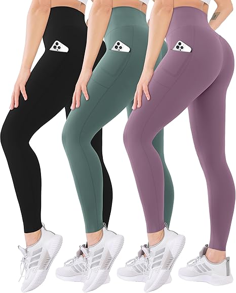 Blisset 3 Pack High Waisted Leggings for Women with Pockets Soft Active Tummy Control Pants for Yoga Running &amp; Daily Wear
