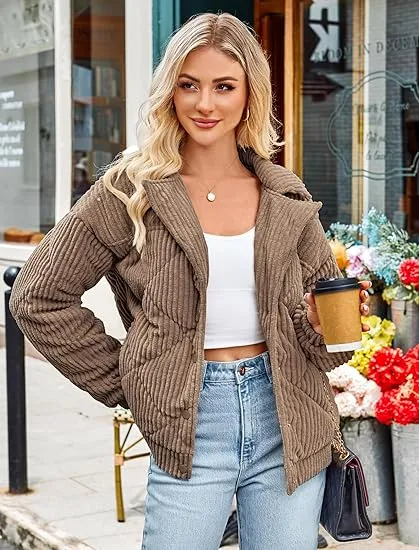 Women's Bomber Jacket Corduroy Ribbed Quilted Zip Up Long Sleeve Winter Coat Fall Outerwear Tops with Pockets ,PACKAGE SET